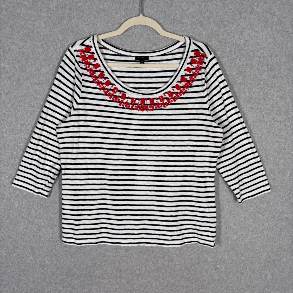 Talbots‎ Shirt 1X Navy Striped Cotton Embellished Beaded Nautical Classic Casual